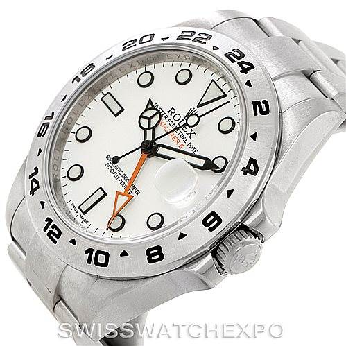 The image shows a Rolex Explorer 216570 Men
s Stainless Steel White Dial 216570 Men
s Stainless Steel White Dial watch at an angled side view, highlighting the dial, bezel, crown, and part of the bracelet.