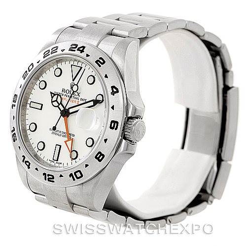 The image shows a white-dial Rolex Explorer 216570 Men
s Stainless Steel White Dial 216570 Men
s Stainless Steel White Dial watch at a three-quarter angle, highlighting the face, bezel, and bracelet.