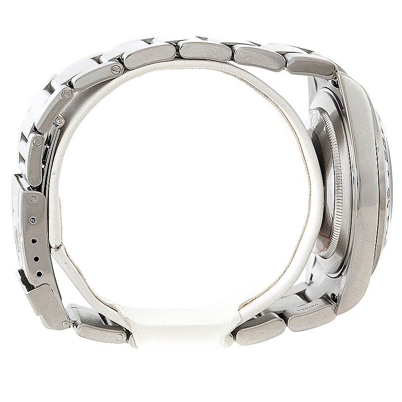 The image shows a side profile of the Rolex Explorer 16570 Men's Stainless Steel White Dial 16570 Men's Stainless Steel White Dial watch, highlighting its bracelet, clasp, and case.