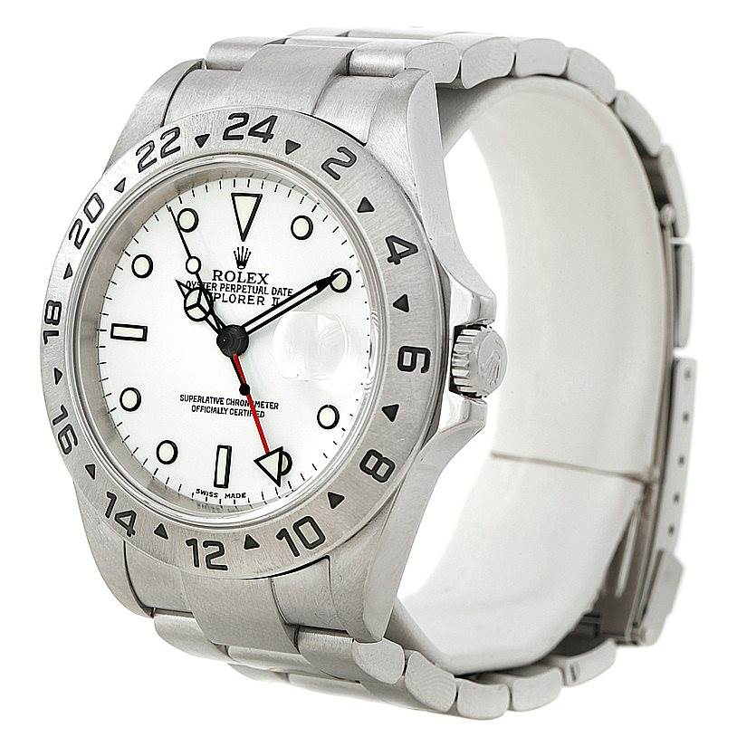 This image shows the front and partial side view of a Rolex Explorer 16570 Men's Stainless Steel White Dial 16570 Men's Stainless Steel White Dial watch, highlighting the bezel, dial, and bracelet.