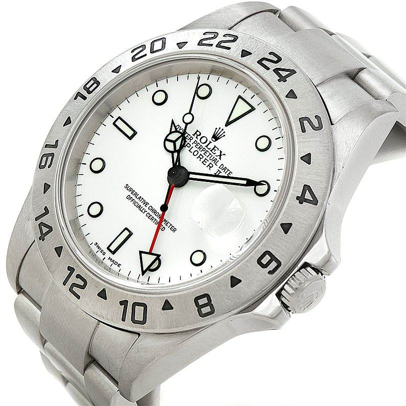 This image shows a Rolex Explorer 16570 Men's Stainless Steel White Dial 16570 Men's Stainless Steel White Dial watch at a slight angle, highlighting its white dial, bezel, and part of the bracelet.