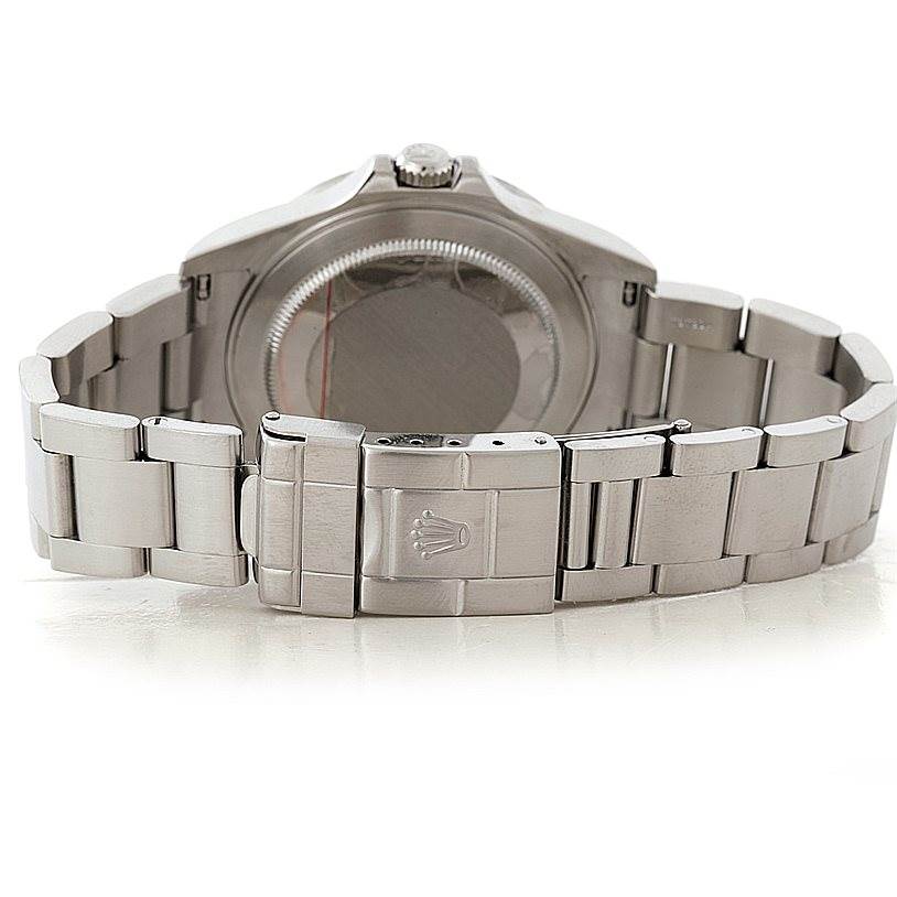 The image shows the backside of the Rolex Explorer 16570 Men's Stainless Steel White Dial 16570 Men's Stainless Steel White Dial model, focusing on the stainless steel bracelet and clasp.