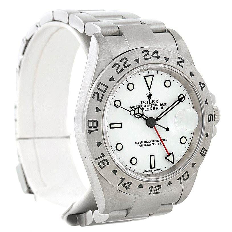 The image shows a front and side view of a Rolex Explorer 16570 Men's Stainless Steel White Dial 16570 Men's Stainless Steel White Dial watch, highlighting its dial, bezel, and bracelet.