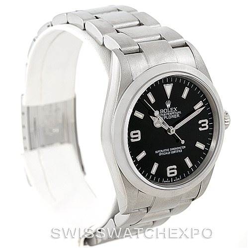 The Rolex Explorer 114270 Men's Stainless Steel Black Dial 114270 Men's Stainless Steel Black Dial watch is shown at a three-quarter angle, highlighting its stainless steel bracelet, black dial, and case.