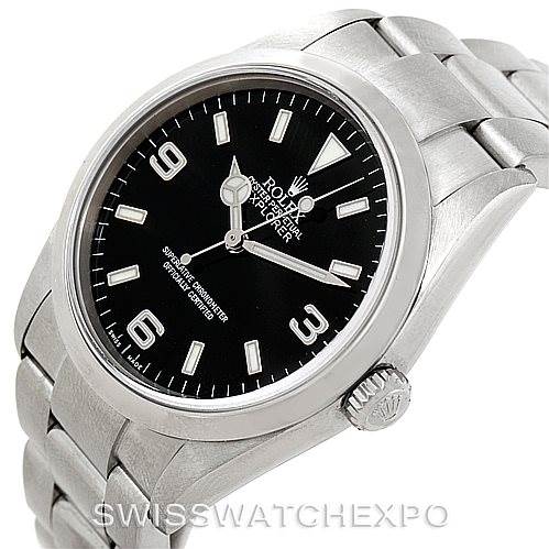 The image shows a Rolex Explorer 114270 Men's Stainless Steel Black Dial 114270 Men's Stainless Steel Black Dial watch at a 3/4 angle, highlighting the dial, bezel, crown, and part of the bracelet.