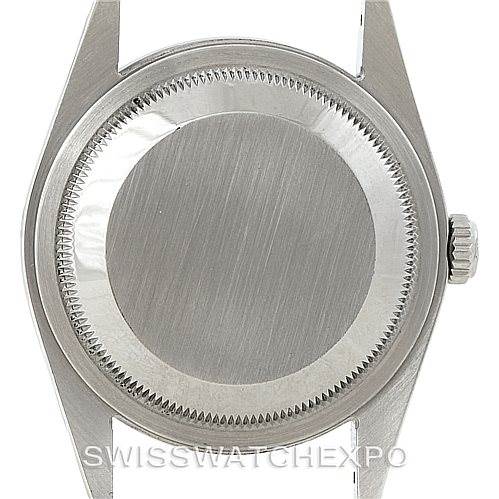 The image shows the case back of a Rolex Explorer 114270 Men's Stainless Steel Black Dial 114270 Men's Stainless Steel Black Dial watch from a straight-on angle, highlighting the brushed finish and edge details.