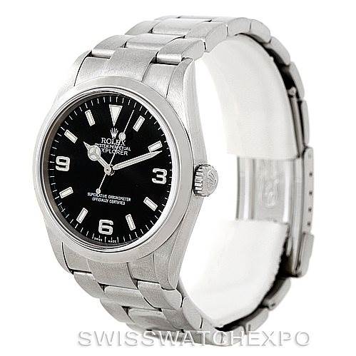 The image shows a side angle of a Rolex Explorer 114270 Men's Stainless Steel Black Dial 114270 Men's Stainless Steel Black Dial watch, highlighting the dial, case, crown, and partial bracelet.