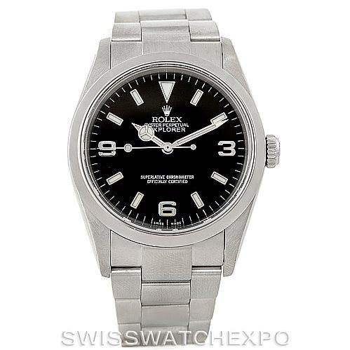 The image shows a front view of the Rolex Explorer 114270 Men's Stainless Steel Black Dial 114270 Men's Stainless Steel Black Dial watch, highlighting its dial, hour markers, hands, and metal bracelet.