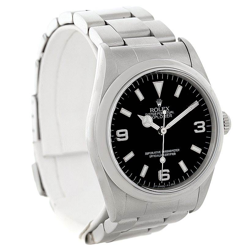 This image shows a side angle of a Rolex Explorer 14270 Men's Stainless Steel Black Dial 14270 Men's Stainless Steel Black Dial watch, highlighting its silver bracelet, black dial, and bezel.
