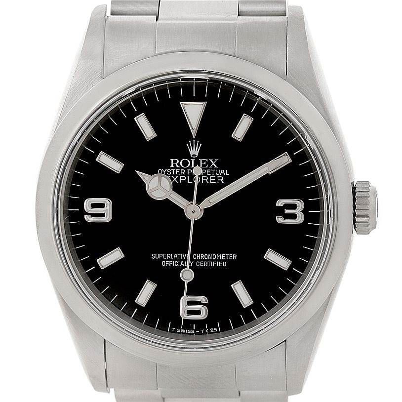 The image shows the front view of a Rolex Explorer 14270 Men's Stainless Steel Black Dial 14270 Men's Stainless Steel Black Dial, highlighting the dial, hands, crown, and bracelet.