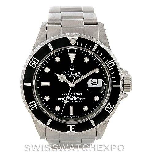 This image shows a frontal view of a Rolex Submariner watch, displaying the dial, bezel, bracelet, and crown.
