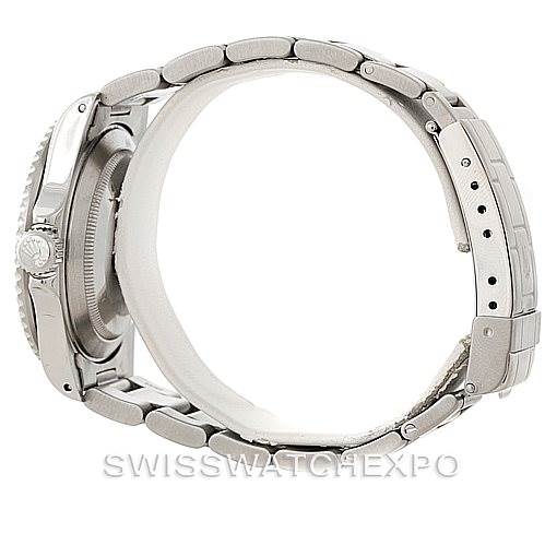 The image shows a side view of a Rolex Explorer 16570 Men
s Stainless Steel White Dial 16570 Men
s Stainless Steel White Dial watch, focusing on its bracelet, case, and crown.