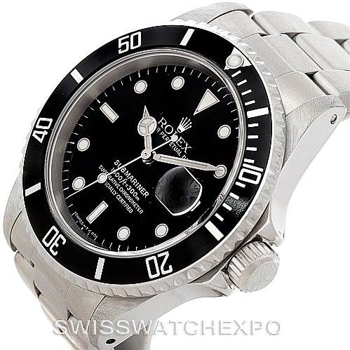 The Rolex Explorer 16570 Men
s Stainless Steel White Dial 16570 Men
s Stainless Steel White Dial watch is shown at a three-quarter angle, highlighting its face, bezel, crown, and part of the bracelet.