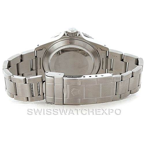 This image shows the backside of the Rolex Explorer 16570 Men
s Stainless Steel White Dial 16570 Men
s Stainless Steel White Dial watch, highlighting the case back and metal bracelet clasp.