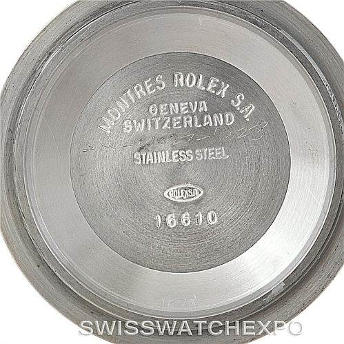 This image shows the inside caseback of a Rolex Explorer 16570 Men
s Stainless Steel White Dial 16570 Men
s Stainless Steel White Dial watch, indicating its stainless steel construction and model number 16610.