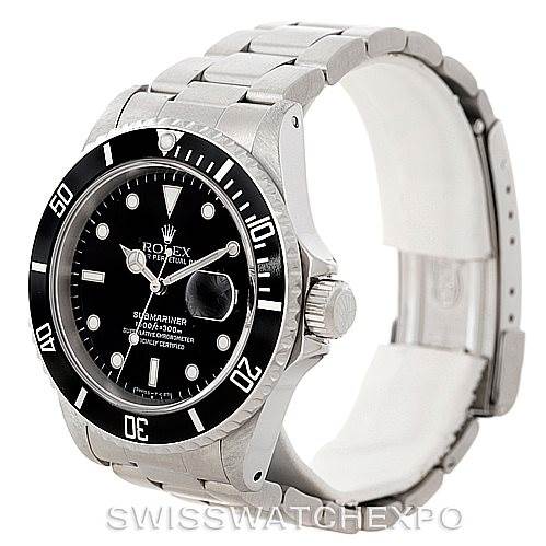 The image shows a Rolex Submariner watch in a three-quarter angle, highlighting its bezel, dial, crown, and bracelet.