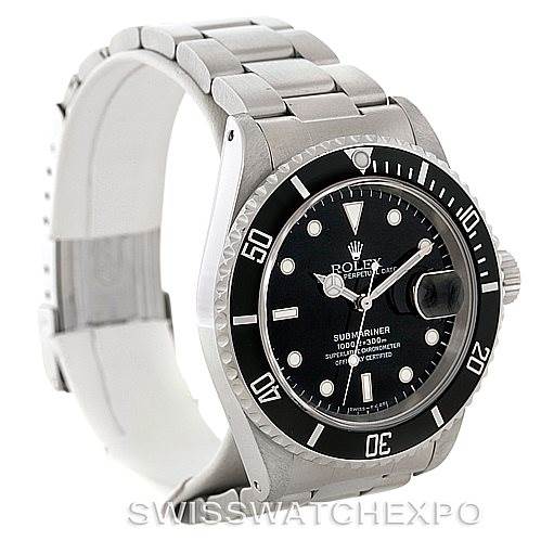 This image shows a Rolex Explorer 16570 Men
s Stainless Steel White Dial 16570 Men
s Stainless Steel White Dial watch at an angle that highlights the face, bezel, case, bracelet, and clasp.
