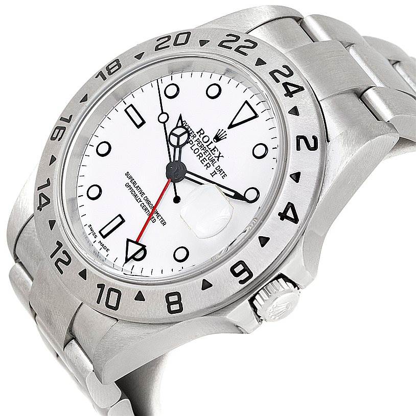 The Rolex Explorer 16570 Men's Stainless Steel White Dial 16570 Men's Stainless Steel White Dial watch is shown at an angled view, displaying its face, bezel, hands, crown, and part of the stainless steel bracelet.