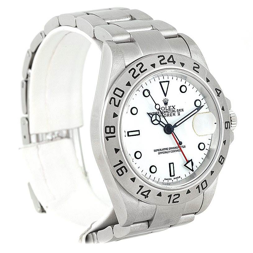 The image shows a front angled view of the Rolex Explorer 16570 Men's Stainless Steel White Dial 16570 Men's Stainless Steel White Dial model, highlighting the dial, bezel, and bracelet.