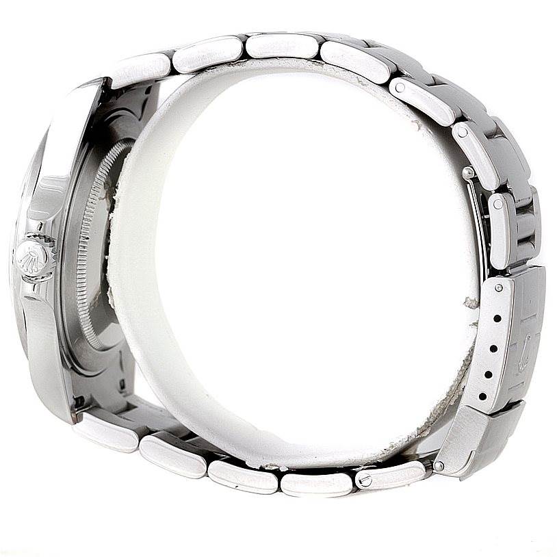 This image displays the side view of a Rolex Explorer 16570 Men's Stainless Steel White Dial 16570 Men's Stainless Steel White Dial watch, showcasing its bezel, crown, and bracelet.