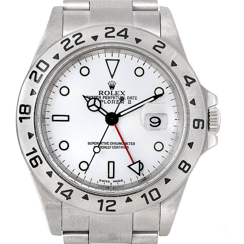 The Rolex Explorer 16570 Men's Stainless Steel White Dial 16570 Men's Stainless Steel White Dial watch is shown from a front view, displaying its face, bezel, bracelet, and crown.