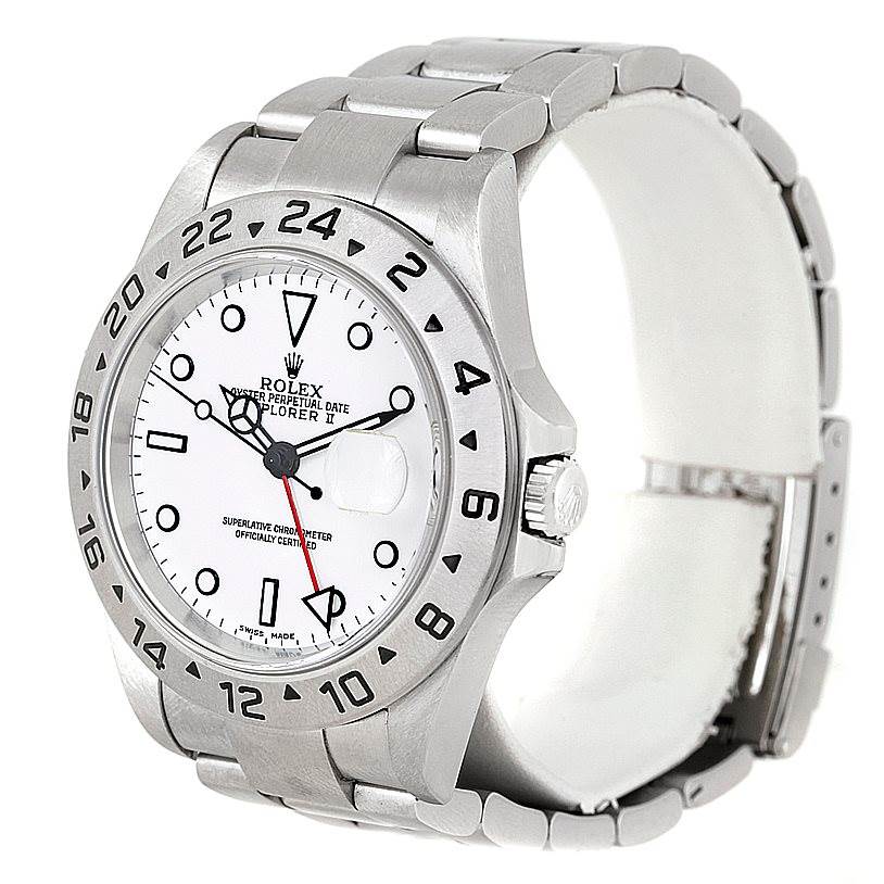 The Rolex Explorer 16570 Men's Stainless Steel White Dial 16570 Men's Stainless Steel White Dial watch is shown from an angled front view, highlighting its face, bezel, and part of the bracelet.