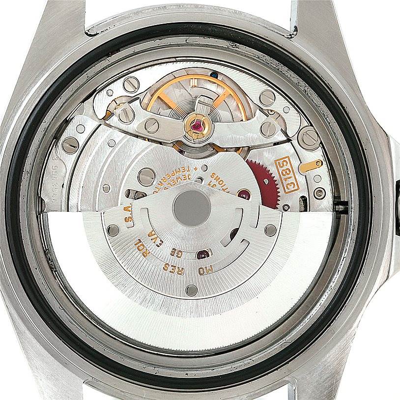 The image shows the movement and internal components of the Rolex Explorer 16570 Men's Stainless Steel White Dial 16570 Men's Stainless Steel White Dial watch from a back view.