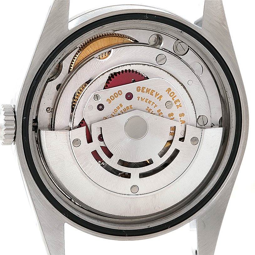 The image shows the inner mechanical movement components of a Rolex Explorer 14270 Men's Stainless Steel Black Dial 14270 Men's Stainless Steel Black Dial watch, viewed from the back with the case removed.