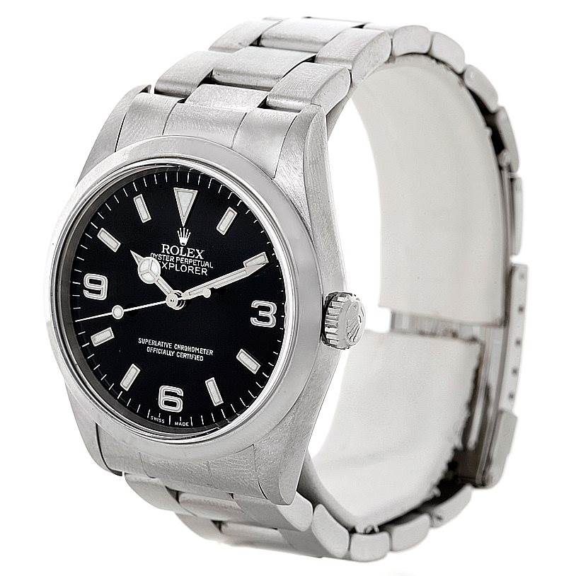 The Rolex Explorer 14270 Men's Stainless Steel Black Dial 14270 Men's Stainless Steel Black Dial watch is shown at a slight angle, highlighting its face, bezel, crown, and part of the band.