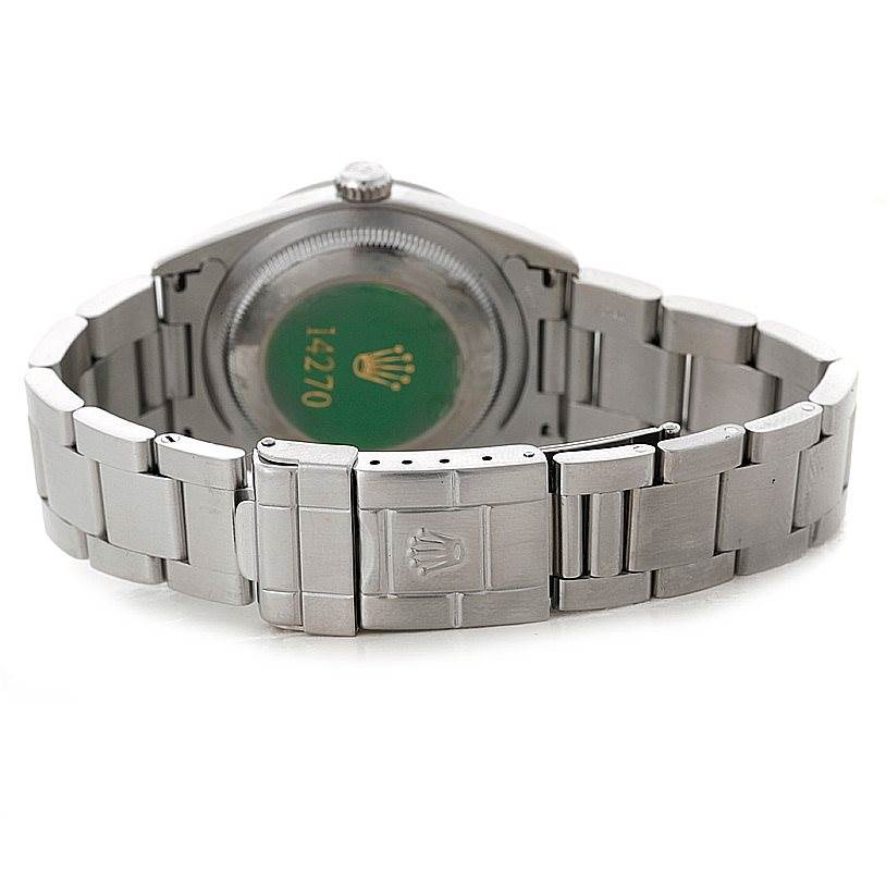 The image shows the back and bracelet of a Rolex Explorer 14270 Men's Stainless Steel Black Dial 14270 Men's Stainless Steel Black Dial watch.