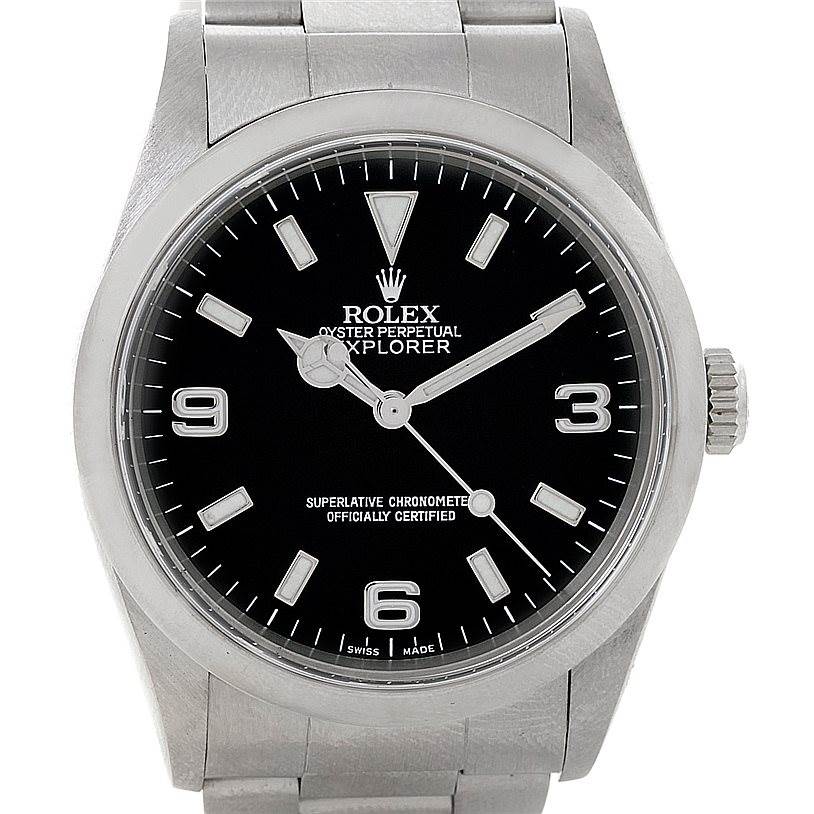 The image shows a front view of a Rolex Explorer 14270 Men's Stainless Steel Black Dial 14270 Men's Stainless Steel Black Dial watch, highlighting its black dial, hour markers, and the brand name.