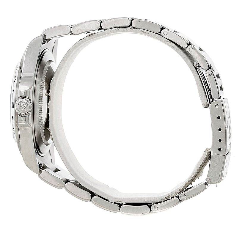 This image shows a side view of the Rolex Explorer 16570 Men's Stainless Steel Black Dial 16570 Men's Stainless Steel Black Dial model, highlighting the watch case, crown, and bracelet.