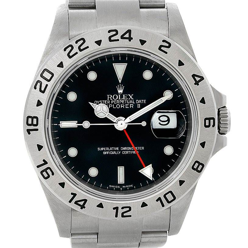 This image shows the front view of a Rolex Explorer 16570 Men's Stainless Steel Black Dial 16570 Men's Stainless Steel Black Dial watch, highlighting its dial, bezel, hands, and bracelet.