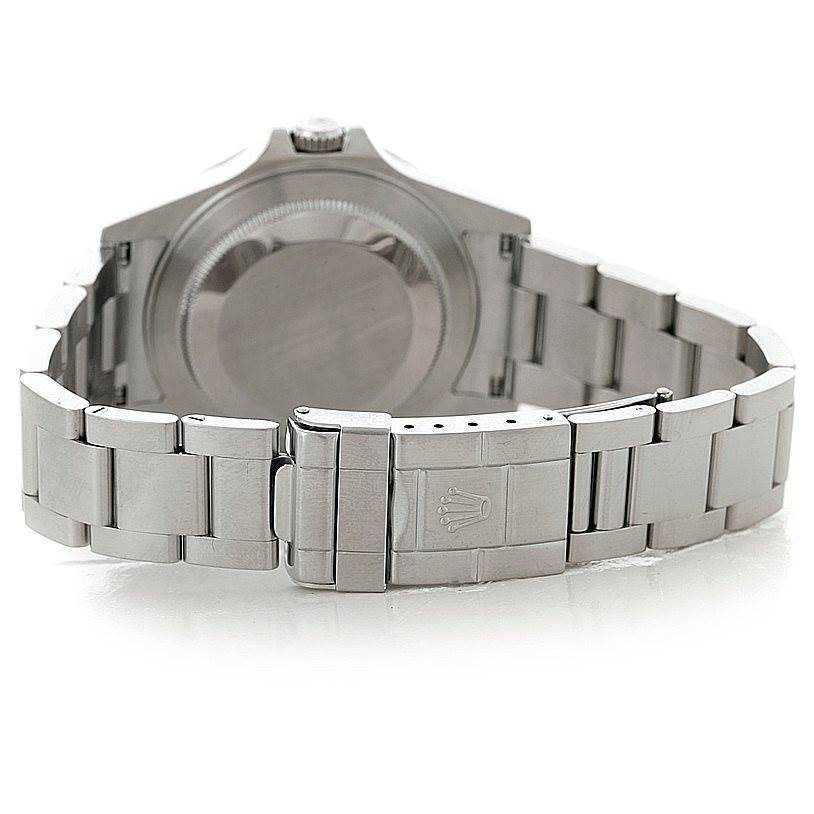 This image shows the back case and clasp of a Rolex Explorer 16570 Men's Stainless Steel Black Dial 16570 Men's Stainless Steel Black Dial watch from a rear angle.