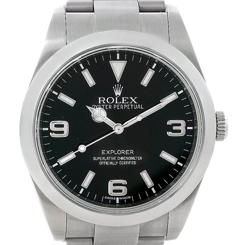 The image shows a front view of a Rolex Explorer 214270 Men's Stainless Steel Black Dial 214270 Men's Stainless Steel Black Dial watch, highlighting the dial, bezel, and part of the bracelet.