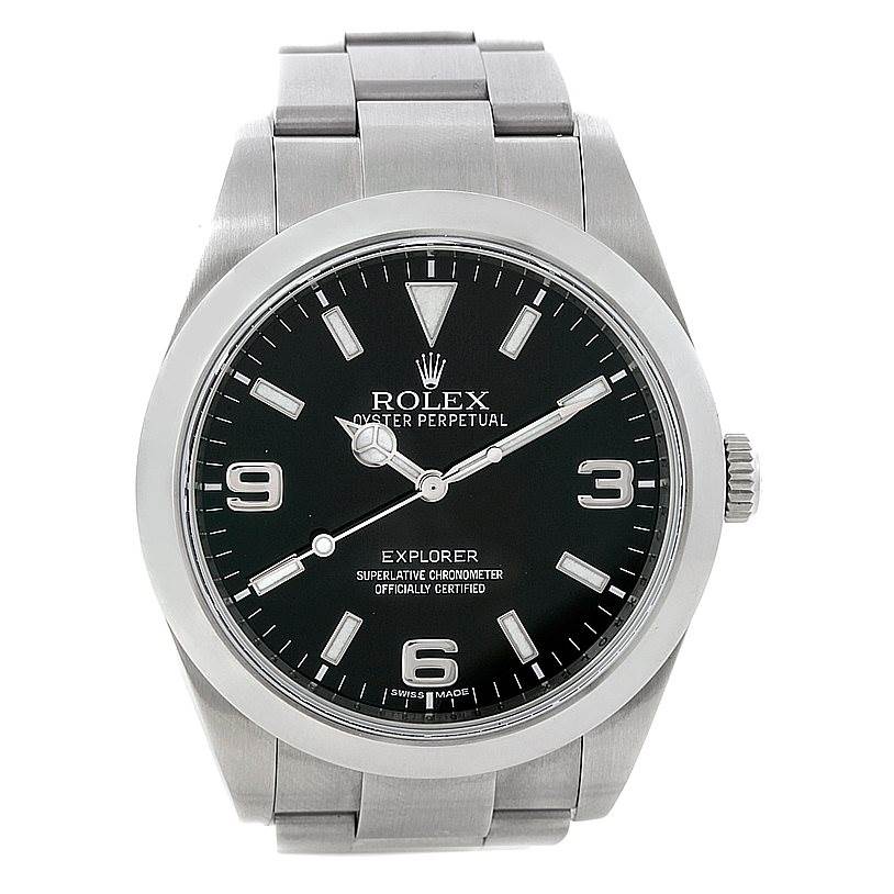 The image shows a front view of a Rolex Explorer 214270 Men's Stainless Steel Black Dial 214270 Men's Stainless Steel Black Dial watch, highlighting its black dial, steel bracelet, and case.