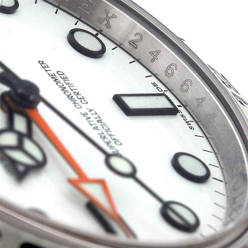 The close-up angle shows the dial, hour markers, hands, and partial bezel of a Rolex Explorer 216570 Men's Stainless Steel White Dial 216570 Men's Stainless Steel White Dial watch.