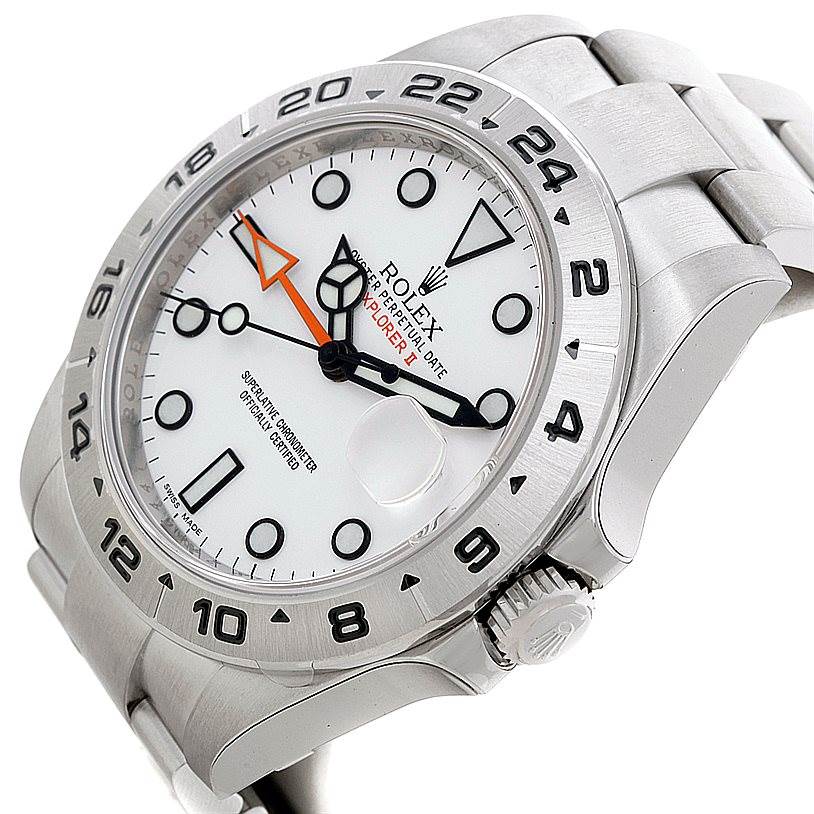 This Rolex Explorer 216570 Men's Stainless Steel White Dial 216570 Men's Stainless Steel White Dial watch is angled from the front-left, showcasing the dial, bezel, crown, and part of the bracelet.