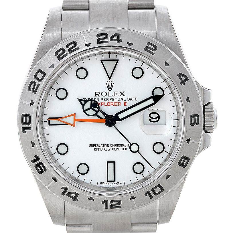 The image shows a front view of a Rolex Explorer 216570 Men's Stainless Steel White Dial 216570 Men's Stainless Steel White Dial II, highlighting the dial, hands, date window, and bezel.