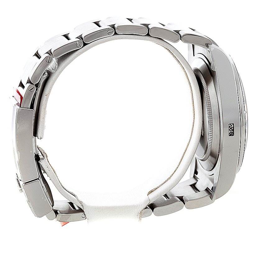 The image shows a side view of the Rolex Explorer 216570 Men's Stainless Steel White Dial 216570 Men's Stainless Steel White Dial watch, highlighting its metallic band and case.