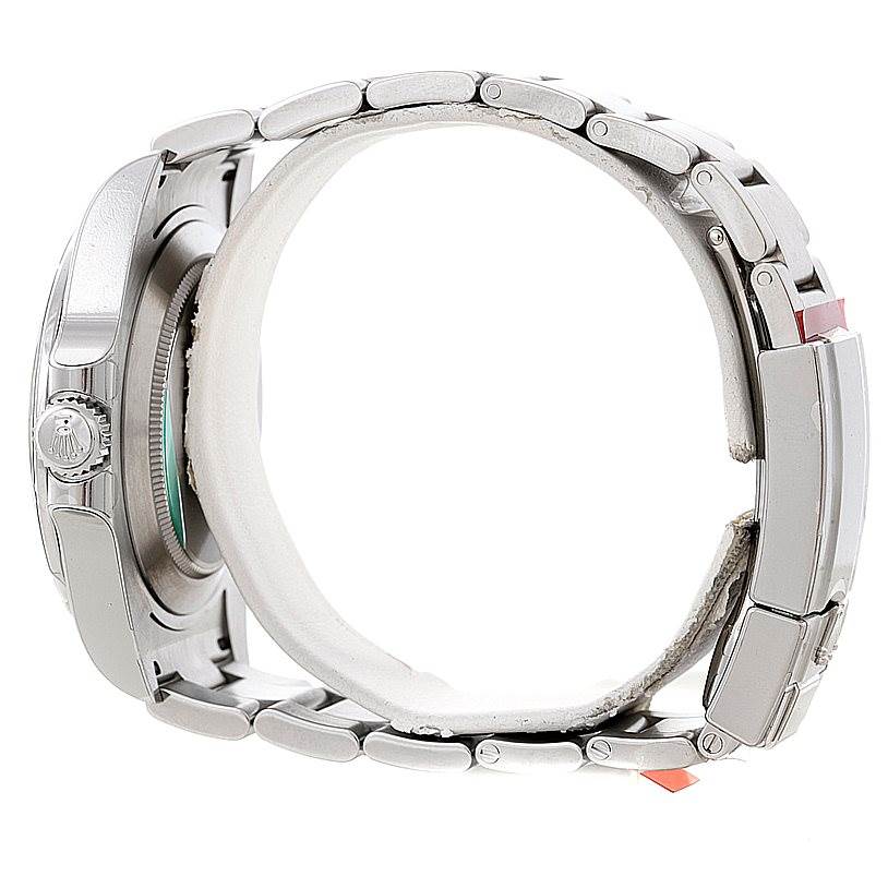 The image shows a side view of the Rolex Explorer 216570 Men's Stainless Steel White Dial 216570 Men's Stainless Steel White Dial watch, highlighting the crown, case, and part of the bracelet.