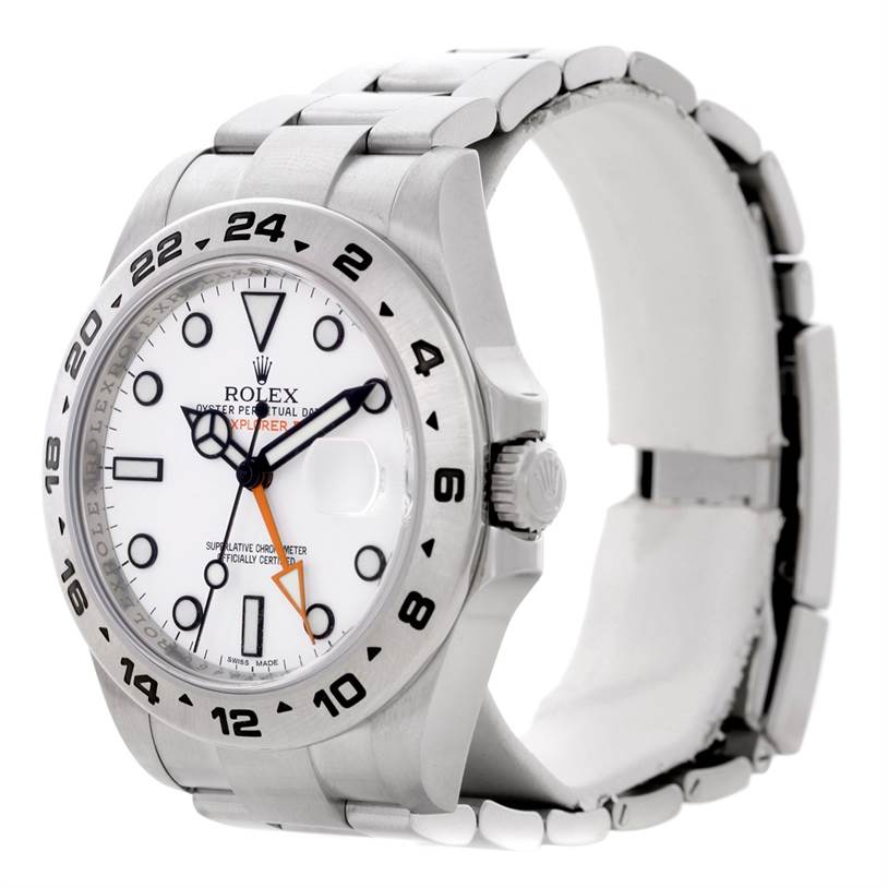 The Rolex Explorer 216570 Men's Stainless Steel White Dial 216570 Men's Stainless Steel White Dial watch is shown at a side angle, displaying the face, bezel, crown, and part of the bracelet.