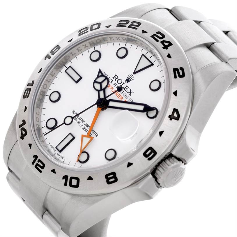 The image shows a detailed angle of the Rolex Explorer 216570 Men's Stainless Steel White Dial 216570 Men's Stainless Steel White Dial watch, displaying its face, bezel, and part of the bracelet.