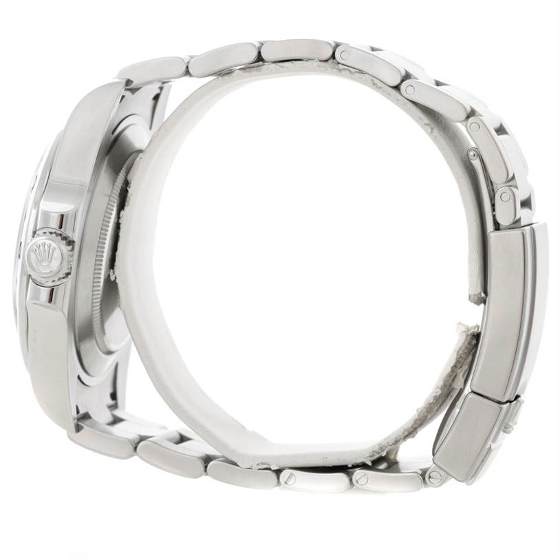 The image shows a side view of the Rolex Explorer 216570 Men's Stainless Steel White Dial 216570 Men's Stainless Steel White Dial watch, highlighting the case, crown, and bracelet.