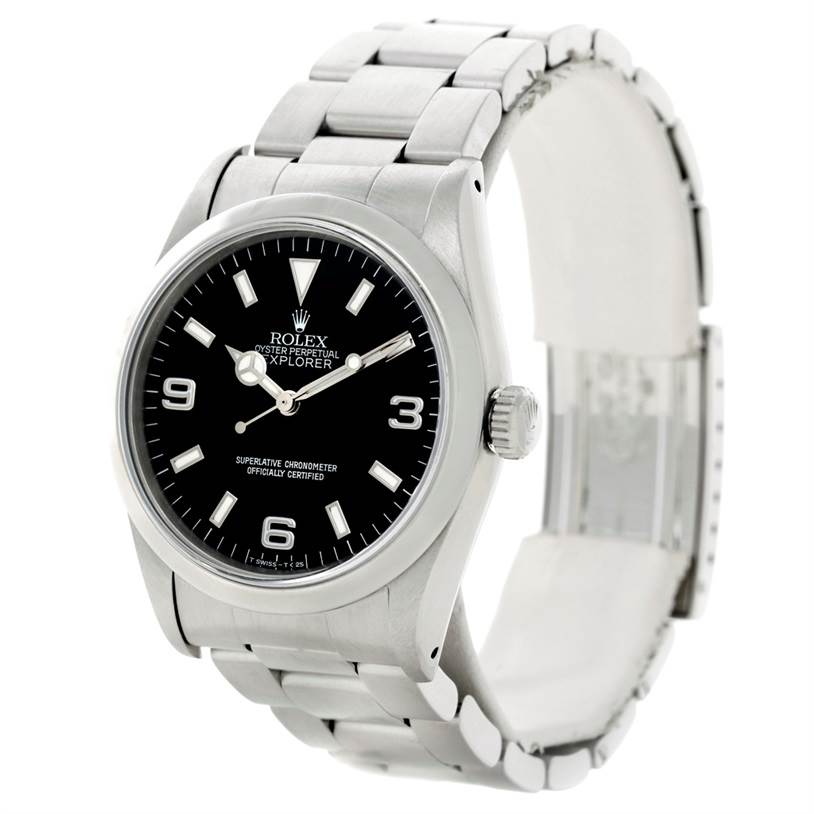 The Rolex Explorer 14270 Men's Stainless Steel Black Dial 14270 Men's Stainless Steel Black Dial watch is shown at a front angle, displaying its dial, crown, and stainless steel bracelet.