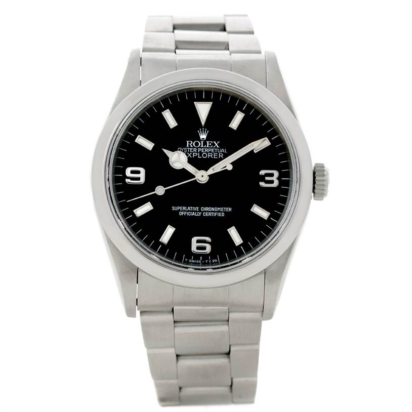 The image shows a front view of a Rolex Explorer 14270 Men's Stainless Steel Black Dial 14270 Men's Stainless Steel Black Dial watch, showcasing its black dial, stainless steel case, and bracelet.