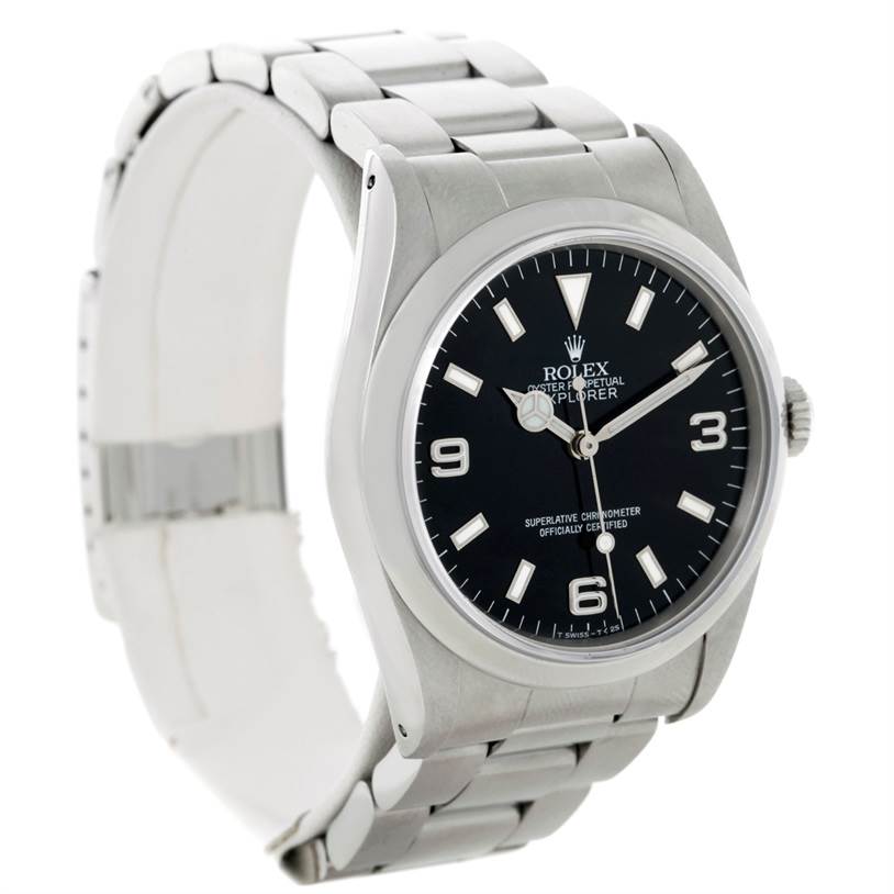 This image shows a Rolex Explorer 14270 Men's Stainless Steel Black Dial 14270 Men's Stainless Steel Black Dial watch at a three-quarter angle, displaying the dial, case, and bracelet.