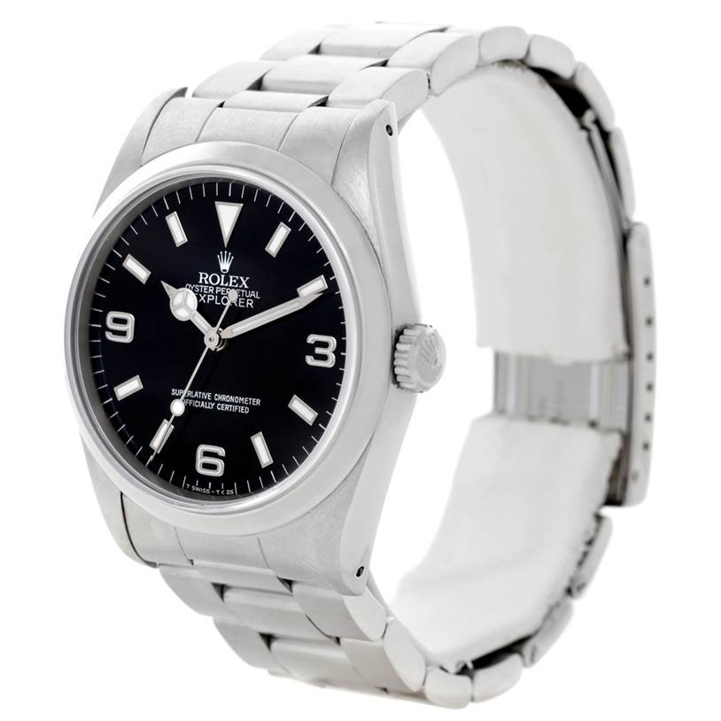 The Rolex Explorer 14270 Men's Stainless Steel Black Dial 14270 Men's Stainless Steel Black Dial watch is shown at a slight angle, highlighting the face, crown, and part of the bracelet.