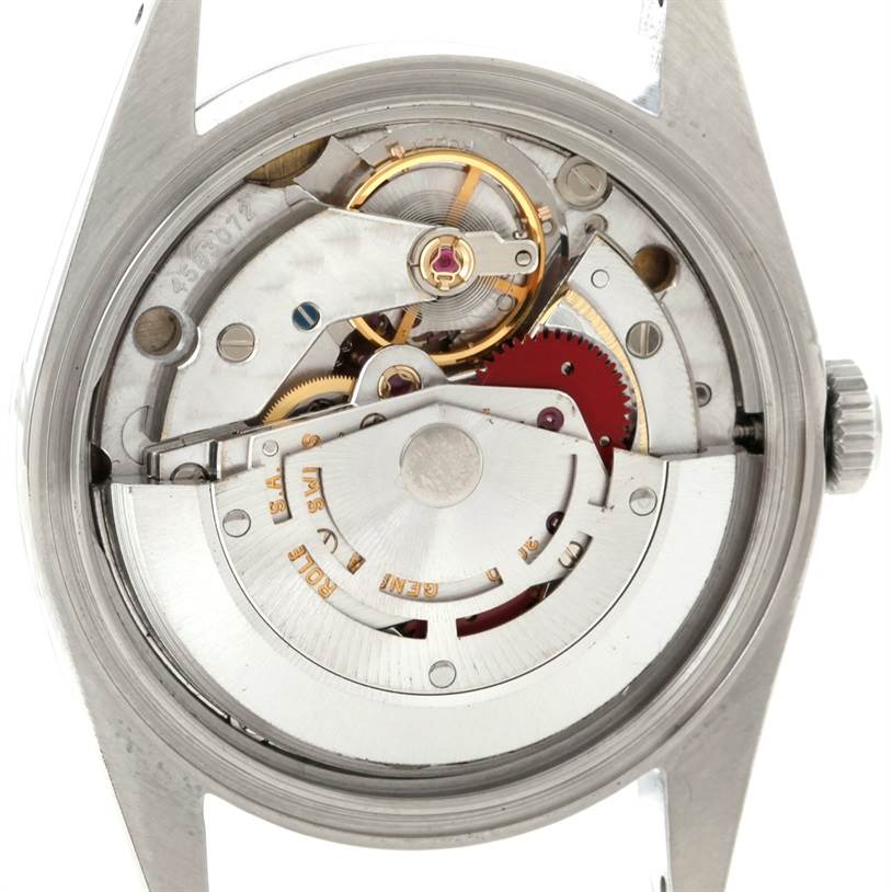 This image shows the movement and inner workings of a Rolex Explorer 14270 Men's Stainless Steel Black Dial 14270 Men's Stainless Steel Black Dial watch from a back angle.