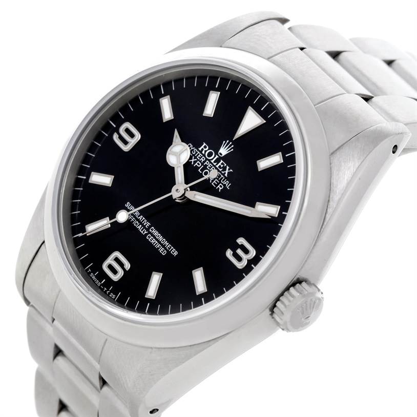 The image shows a close-up side angle of a Rolex Explorer 14270 Men's Stainless Steel Black Dial 14270 Men's Stainless Steel Black Dial watch, highlighting the dial, crown, and bracelet.